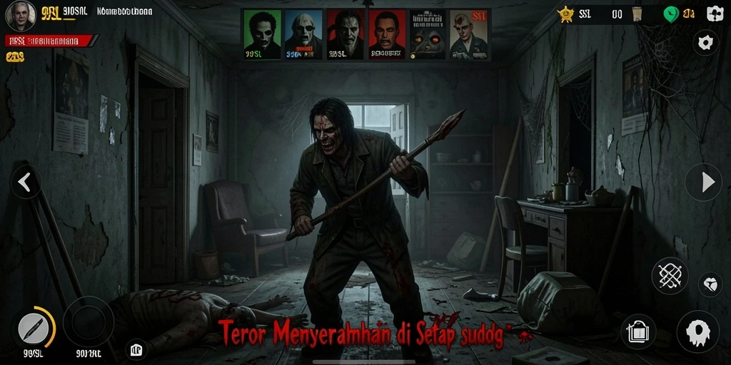 Screenshot utama 99SL menampilkan gameplay menyeramkan di lingkungan gelap.