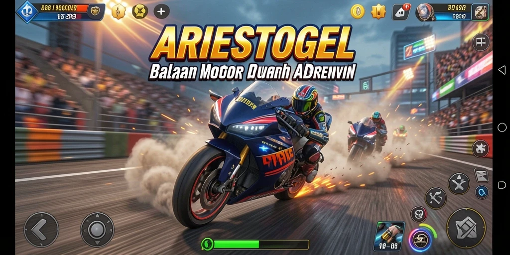 Tangkapan layar dari gameplay ARIESTOGEL yang menampilkan aksi balapan motor yang mendebarkan.