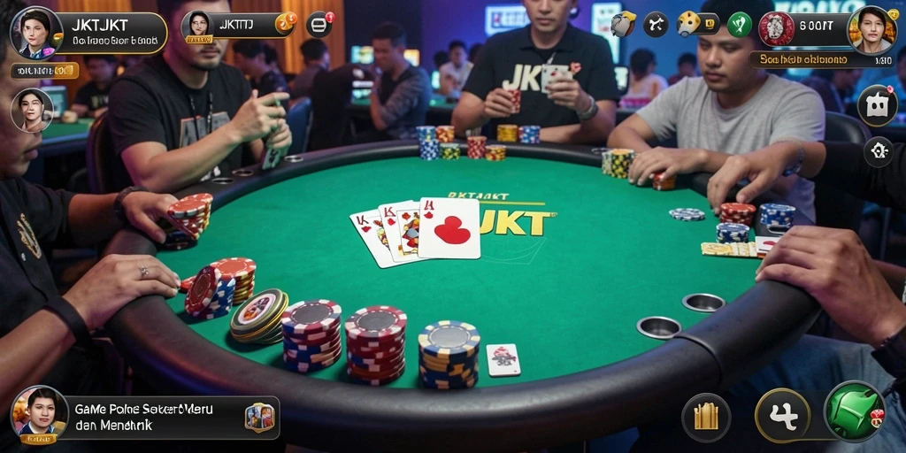 Tangkapan layar utama JKTJKT menampilkan suasana bermain Poker yang seru.