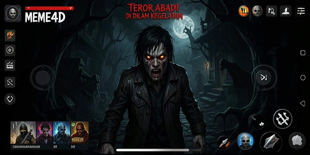 Screenshot utama MEME4D menampilkan gameplay menegangkan dalam kegelapan.