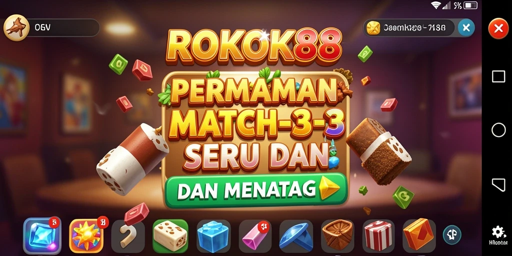 Screenshot ROKOK88 menampilkan gameplay Match-3 yang seru dan penuh warna.