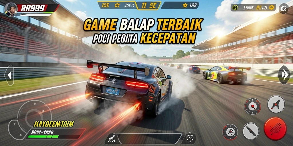 Screenshot gameplay RR999 menunjukkan balapan mendebarkan dan mobil yang keren.
