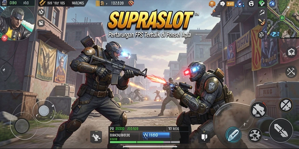 Screenshot gameplay intens dari SUPRASLOT dengan aksi tembak-menembak.