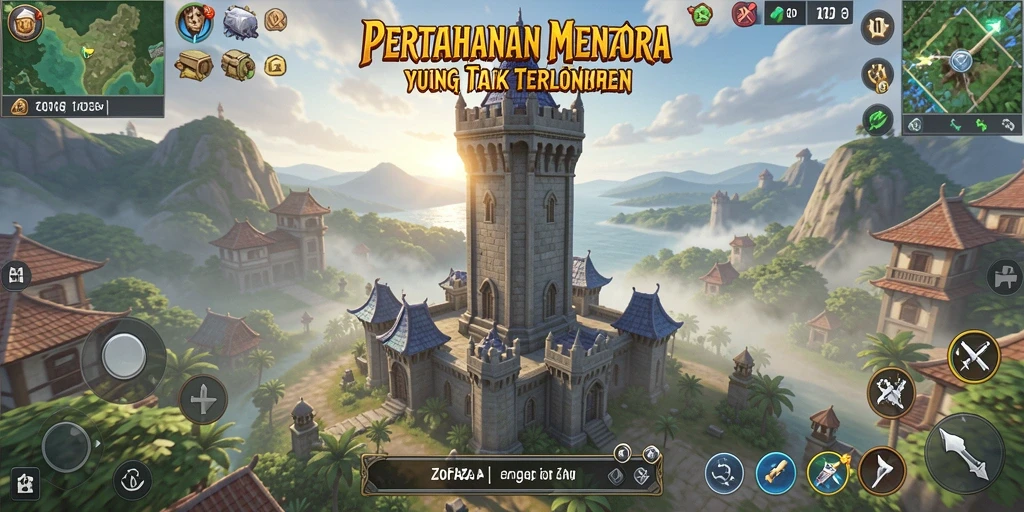 Gameplay ZOFAZA dengan menara pertahanan yang strategis.